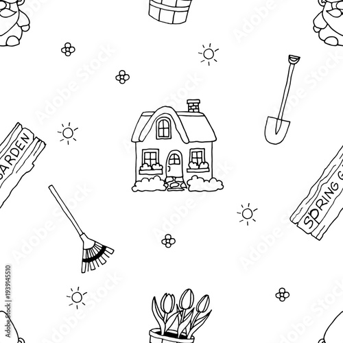 Gardening doodle seamless pattern in black and white Spring garden. Hand-drawn line art vector background.