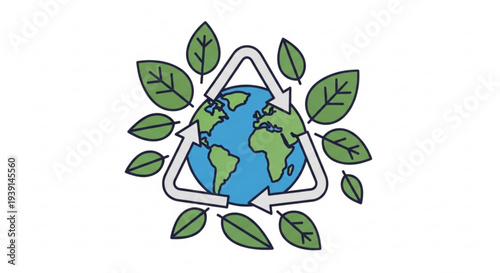 Earth surrounded by green leaves and recycling symbol representing eco friendly and sustainable living concepts