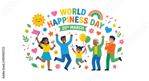 Celebrating international day of happiness with diverse people and cheerful graphics