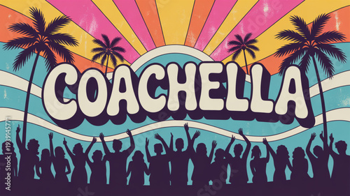 Vibrant coachella music festival poster with silhouetted crowd and palm trees under colorful sunset background