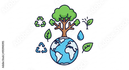 Earth with tree growing out of it surrounded by eco friendly symbols and leaves on white background