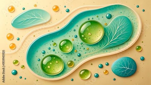 Various water drops and leaves arranged on a light beige background