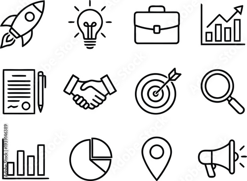 Business and startup icon set with linear symbols for rocket launch idea handshake target growth chart and marketing concepts.