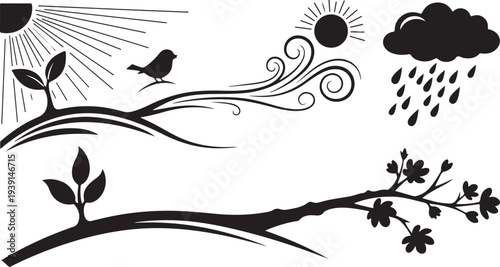 Nature scene with sun, rain, and bird in black