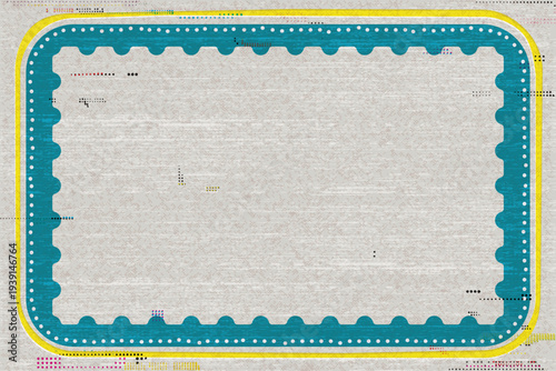 Retro fluorescent yellow and blue rounded rectangular frame on old roneo paper texture background with ink stains from risograph defect printing