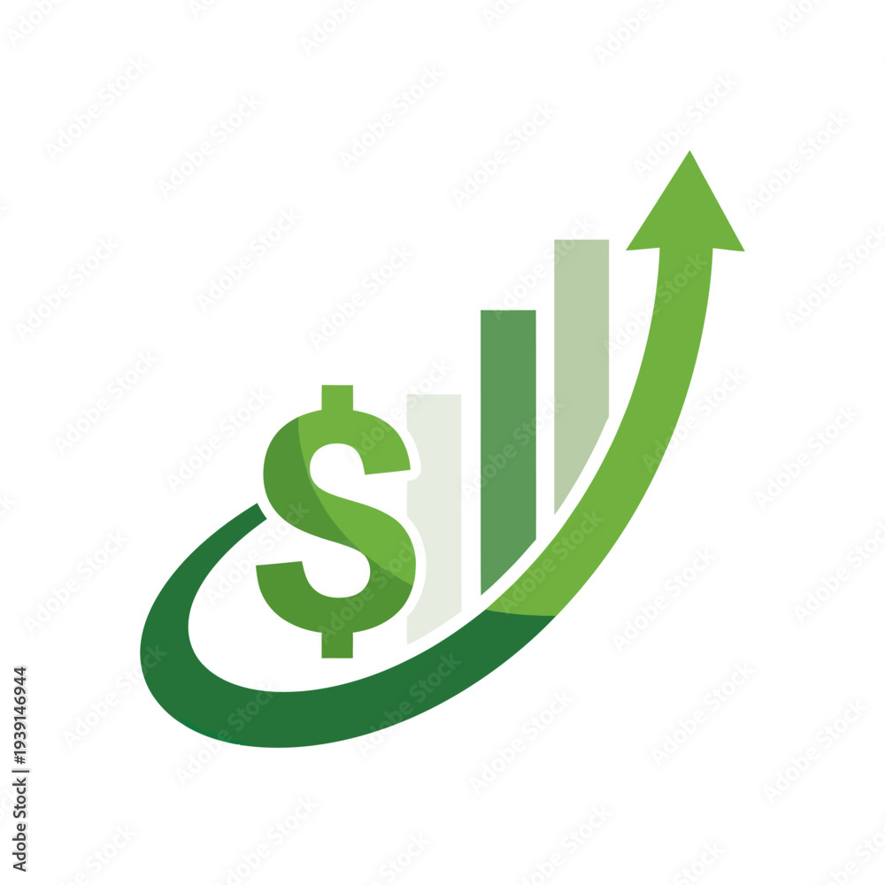 Obraz premium Green dollar sign with growing bar chart and upward arrow