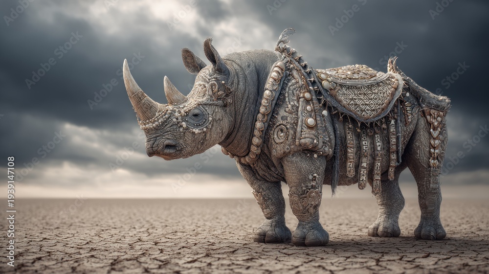 Fototapeta premium Rhinoceros decorated ornate armour