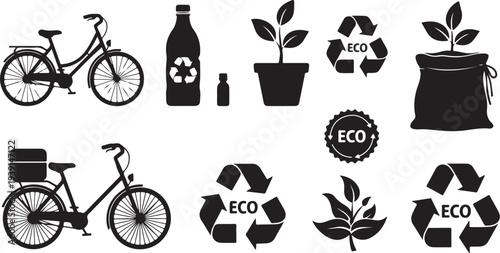 Eco friendly transportation and recycling symbols in black