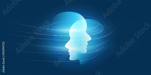 Futuristic Dark Blue Glowing Machine Learning, Artificial Intelligence, Cloud Computing and Neural Networks Concept with a Couple of Robot Faces, Profiles and Steams of Data, Informaton Flow 