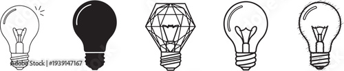 Set of five creative light bulb ideas vector illustration, thin line art design, innovation and brainstorming concept scalable graphic