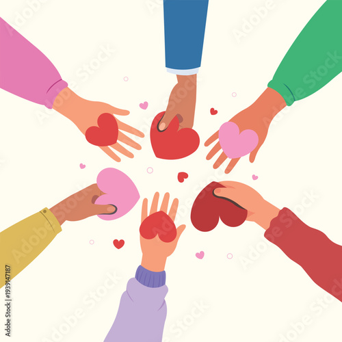 Group of hands holding hearts, Support and share love to people concept.