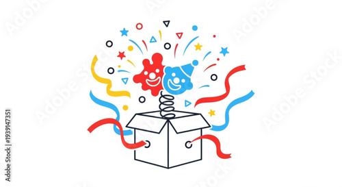 Surprised party poppers jump out of a colorful gift box with confetti and ribbons symbolizing joyful celebrations and surprises