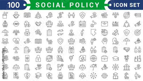 social policy icon set flat style illustration. contain rights advocacy, poverty reduction, accessibility standard, childcare subsidy, disaster relief, minimum wage, pension scheme, labor rights