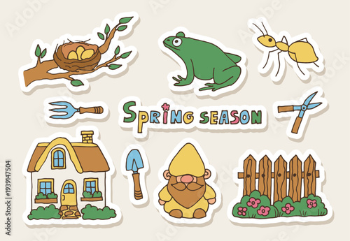 Spring season colorful vector sticker set. Hand-drawn vector doodles.