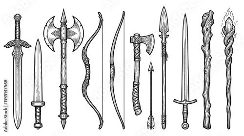 Fantasy weapons elements collection in vintage line style, swords, daggers, axes, bows, spears, staffs, and arrows
