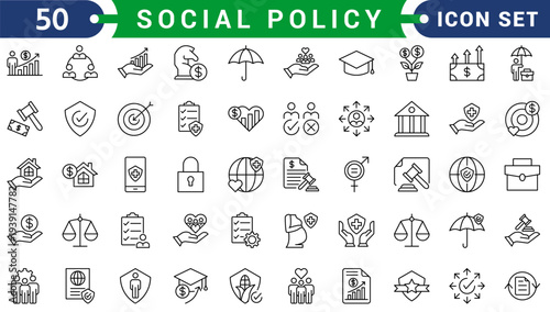 social policy icon set flat style illustration. contain rights advocacy, poverty reduction, accessibility standard, childcare subsidy, disaster relief, minimum wage, pension scheme, labor rights