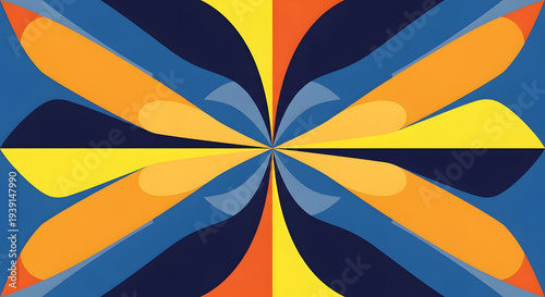 Vibrant Geometric Abstract Design with Symmetrical Floral Pattern in Blue, Orange, and Yellow Tones