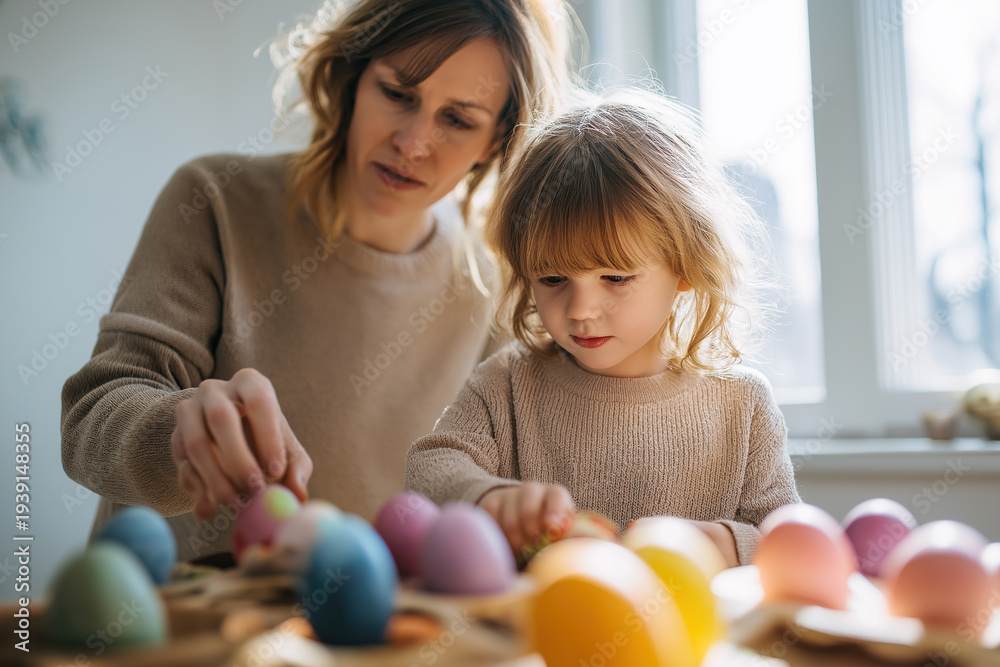 Fototapeta premium Mother and young daughter carefully decorate vibrant colorful Easter eggs together at home table.
