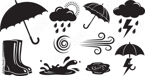 Weather icons and symbols for rain and stormy weather forecast