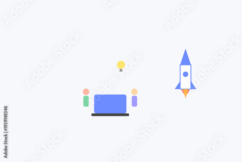 Modern startup business team working with laptop and rocket launch idea concept flat vector illustration
