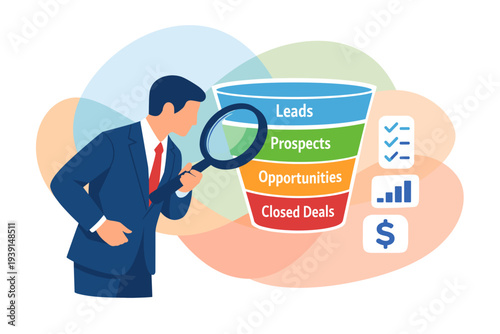 Businessman analyzing sales funnel with magnifying glass and charts.