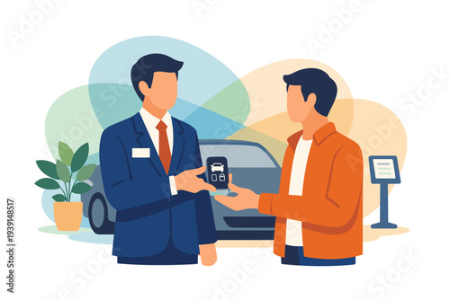 Car salesman handing car key to customer in showroom.