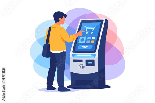 Man Using Interactive Kiosk for Online Shopping.