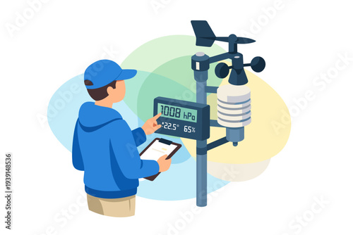 Meteorologist checking weather station data on tablet.