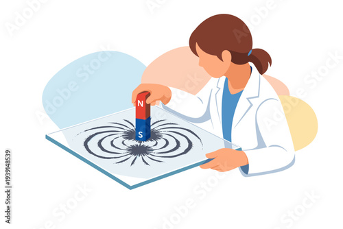 Scientist demonstrating magnetic field lines with a magnet and iron filings.