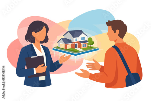 Real estate agent showing house model to client.