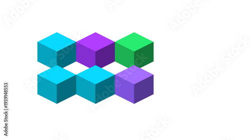 Isometric arrangement of six colorful cubes in a 3D grid formation