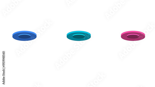 Three flying discs in blue, teal, and pink