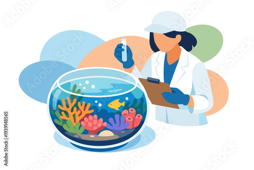 Scientist examining coral reef in aquarium with test tube.