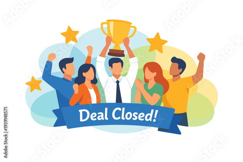 Team celebrating winning a trophy with deal closed banner.