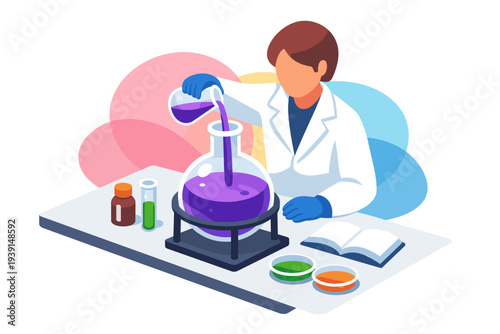 Scientist pouring liquid into flask in laboratory.