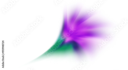 Ethereal Amethyst Bloom A mesmerizing abstract composition featuring a soft, petal-like burst of radiant purple light anchored by a graceful, sweeping tail of emerald green against a stark black void.