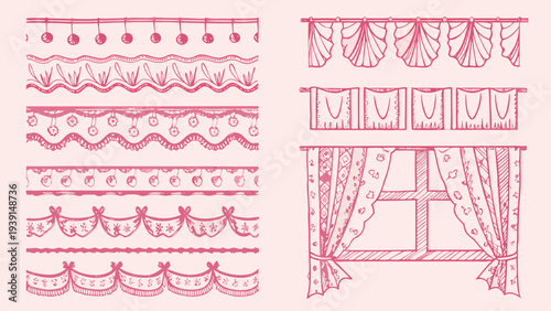 Collection of pink hand drawn valances swags and curtain sketches