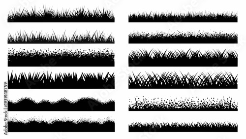 Collection of black and white grass and floral ground cover illustrations
