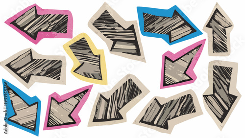 Colorful hand drawn arrows scattered across a white background