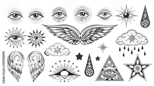 Collection of mystical eyes wings stars ears and celestial symbols