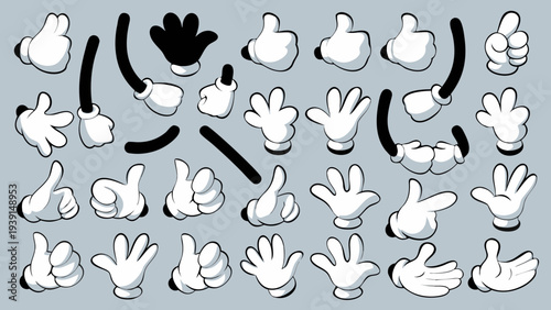 Collection of cartoon hands in various poses against a light blue backdrop