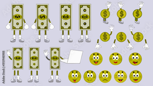 Cartoon money and smiling faces with waving hands on a lavender background