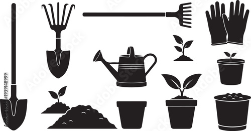 Gardening tools and plants in black and white icons
