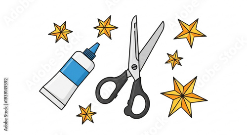 Glue bottle and scissors with yellow stars on white background for kids craft project