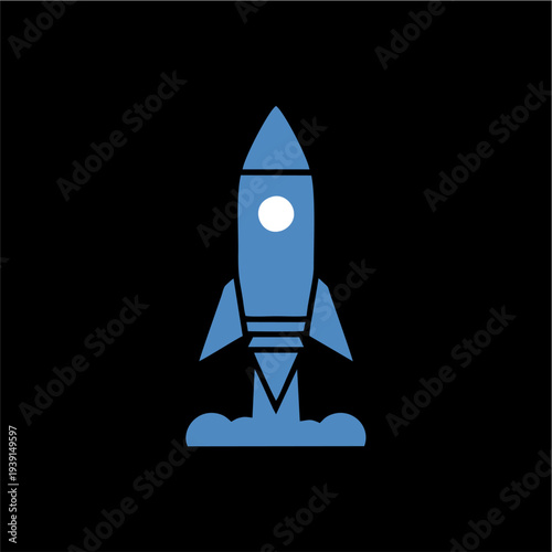 Stylized blue rocket launching into space with a white porthole against a dark black background, representing progress and innovation.