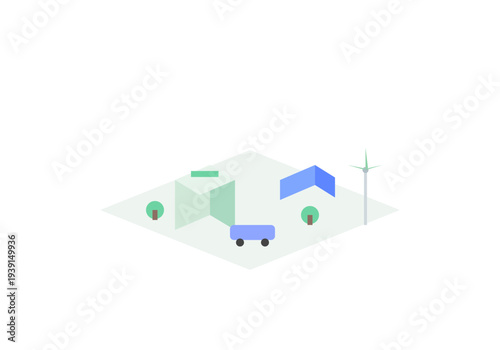 Isometric eco smart city with solar panels wind turbines green rooftops electric vehicle and trees vector illustration