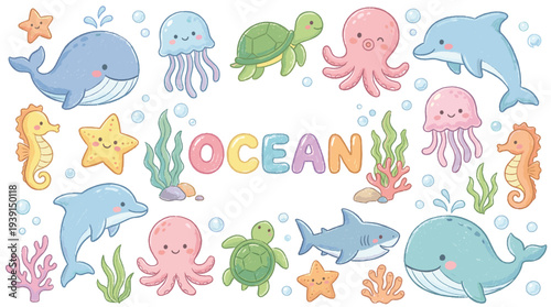 Ocean themed decorative elements collection with cute doodles of whales, dolphins, jellyfish, turtles, octopuses, seahorses, and starfish