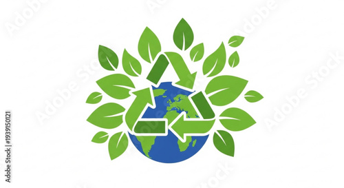 Earth surrounded by green leaves and recycling symbols representing environmental conservation and sustainability