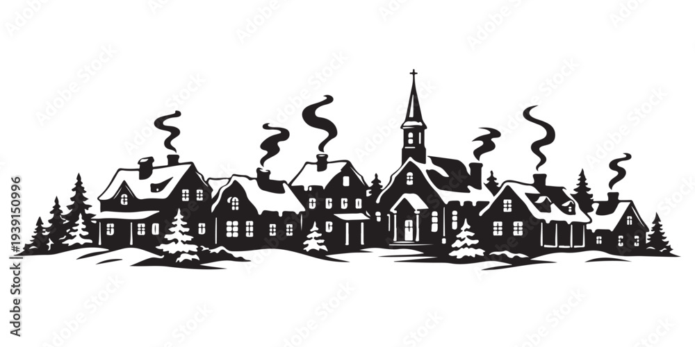 Obraz premium Snowy Village Skyline Silhouette, Silhouette Vector, Isolated on White Background