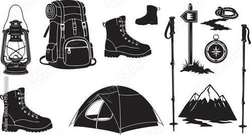 Camping and hiking equipment illustration set for outdoor adventure